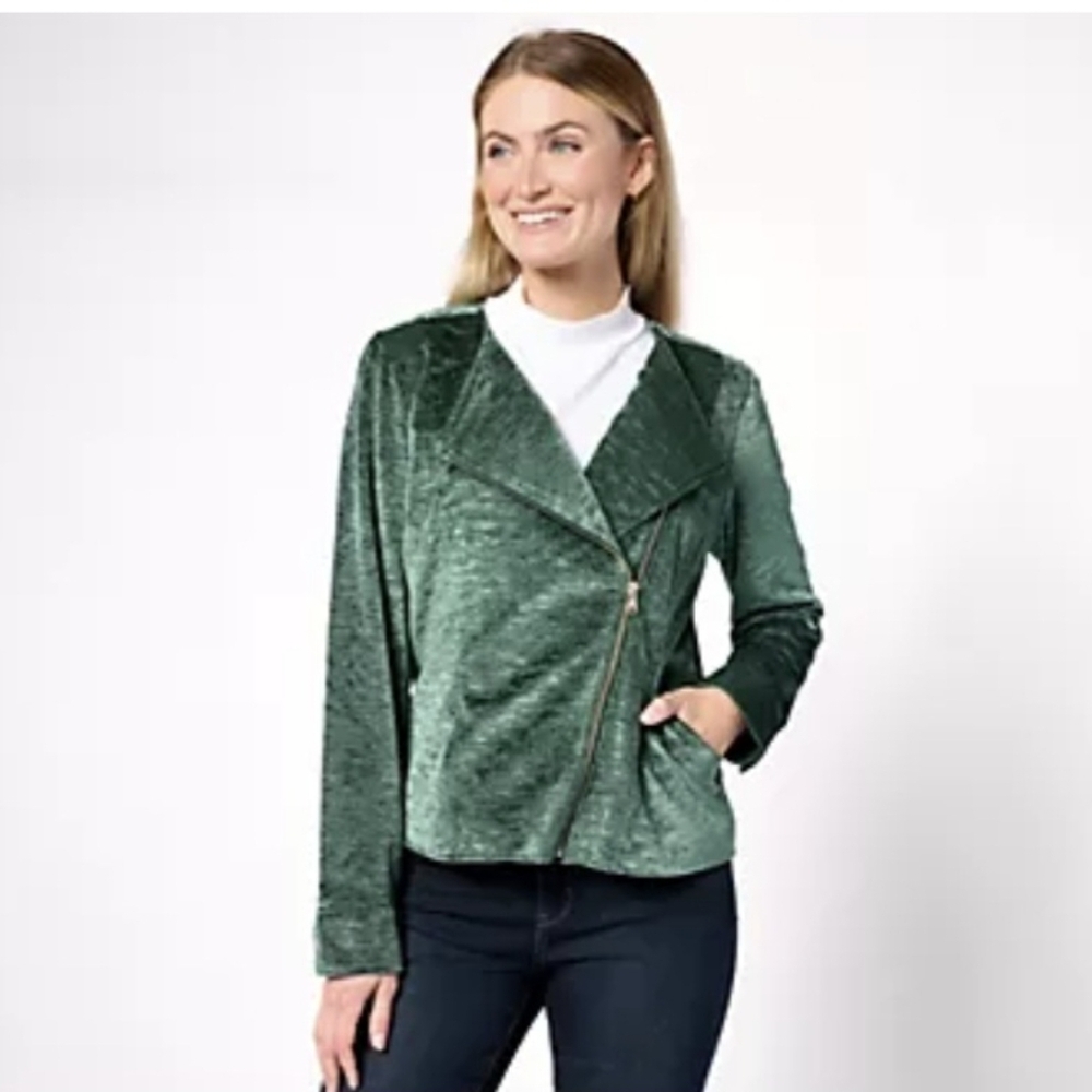 Isaac Mizrahi Live Crushed Velvet Green Moto Jacket Large QVC Contemporary NICE